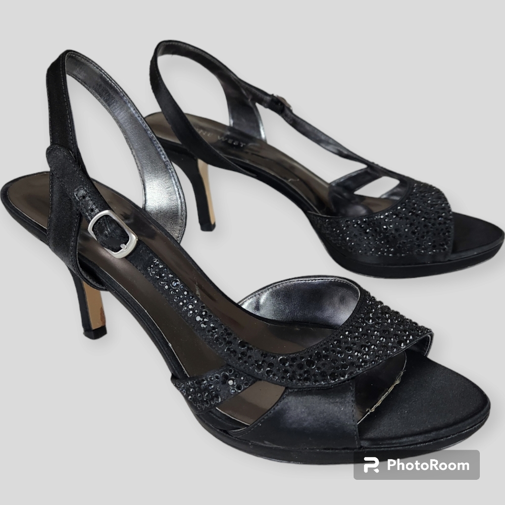 Nine West "In the Bank" Black Rhinestone Open Toe Slingback Heel size 8.5M